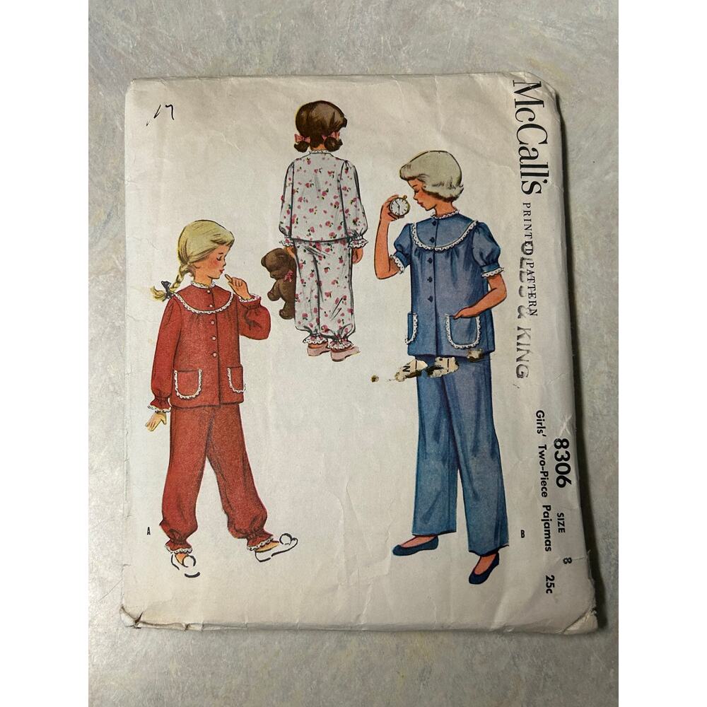 Vintage 1950's McCalls Pattern #8306 Girls 2 Piece Pajamas Size 8